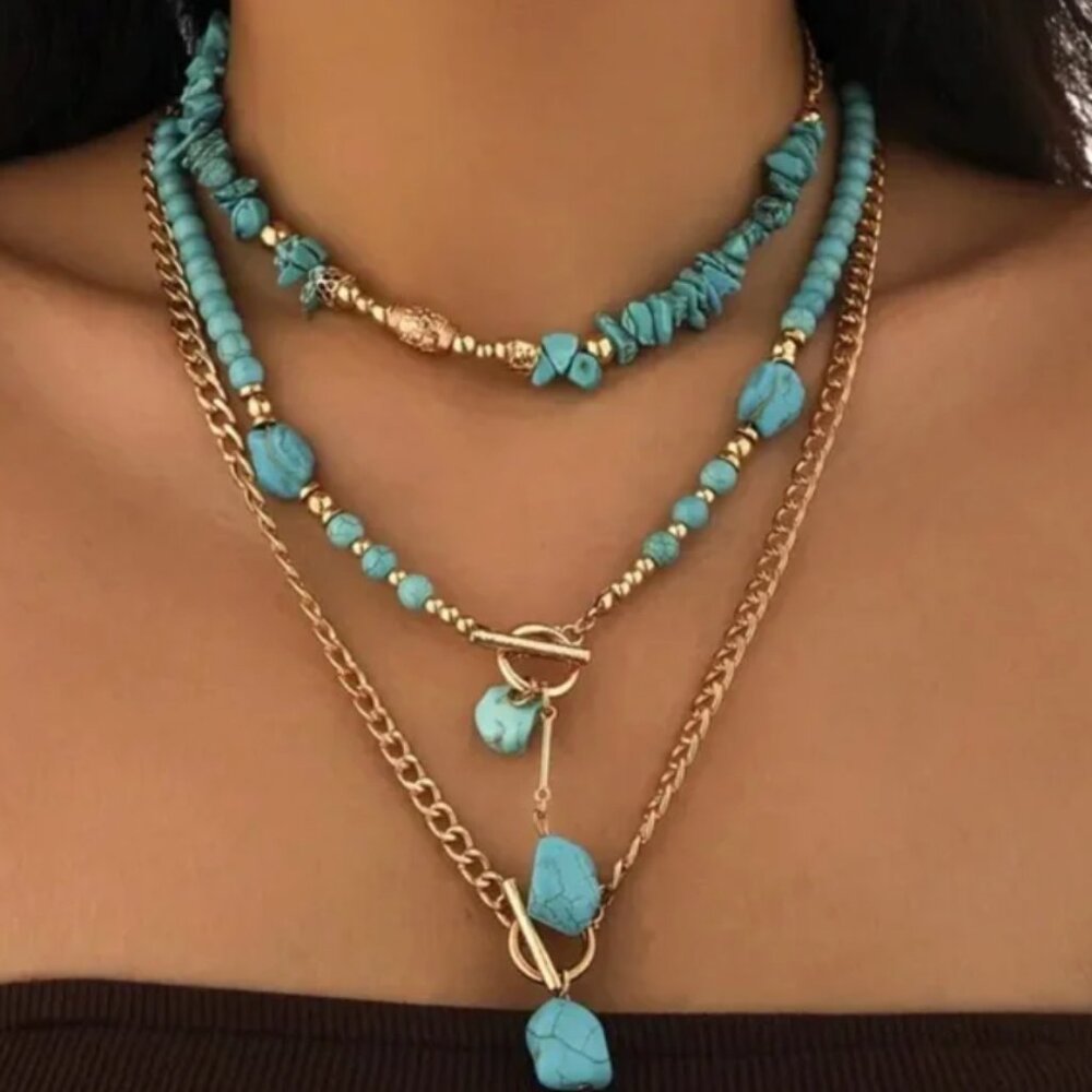 NWOT Turquoise Gold Boho Stack Necklace Set